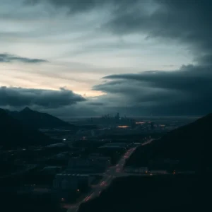 Dramatic dusk city valley under low storm clouds suggesting anchorage dangerous conditions.