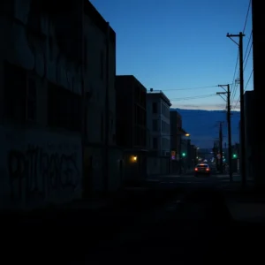 Dimly lit urban street at twilight with graffiti, power lines and a lone car, suggesting angeles places avoid