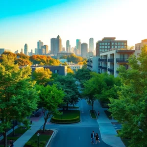 Sunny tree-lined residential street opening to a distant downtown skyline, suitable for atlanta best areas live content