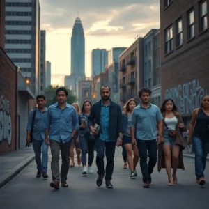 Diverse group of adults walking down a city street with a skyline backdrop, atlanta crime rate expats