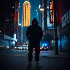 Silhouetted hooded figure in a dim downtown street with flashing police lights and neon signs, evoking an atlanta dangerous scene.