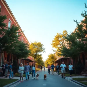 Neighbors and pets walking along a sunlit tree-lined street in atlanta safe neighborhoods.