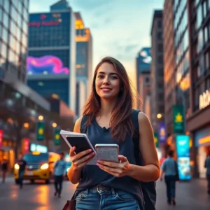 Young woman holding a phone and map on a city street preparing for an atlanta safe visit.
