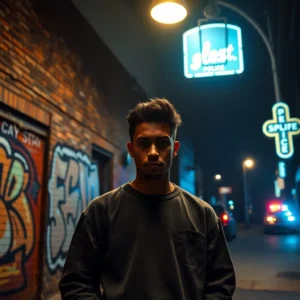 A solitary young man stands in a dimly lit graffiti alley at night beneath neon signs and police lights, suggesting a baltimore dangerous urban scene.