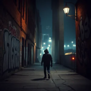 Silhouetted hooded figure walking alone through a dim, graffiti-lined alley at night, baltimore places avoid.