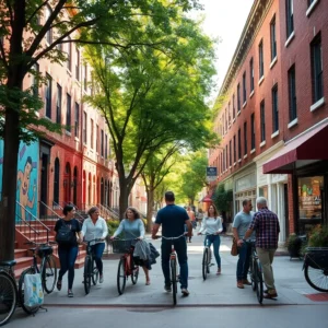 People walking and biking on a tree-lined brick street in baltimore safe neighborhoods.