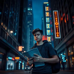 Young traveler with a backpack and map in a neon-lit Chicago street at night, evocative of chicago dangerous tourists