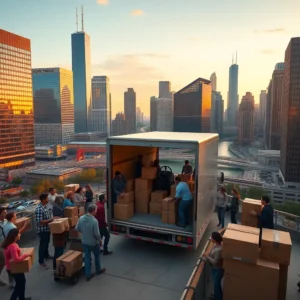A team loads boxes into a moving truck on a rooftop with the Chicago skyline at sunset, chicago moving.
