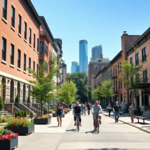 Tree-lined pedestrian street with cyclists and walkers in a calm, walkable scene representing chicago safe neighborhoods.