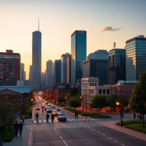 Sunset urban street with pedestrians and downtown skyscrapers for a chicago safe visit.
