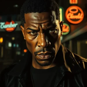 Intense neon-lit close-up portrait of a stern man evoking cleveland dangerous urban tension.