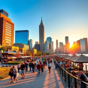 Crowded waterfront promenade at sunset showcasing a bustling city skyline ideal for a cleveland safe visit.