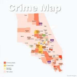 Stylized county-level crime map alabama with color-coded intensity and labeled incident totals