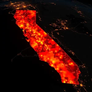 Red heatmap of California highlighting concentrated crime hotspots on a crime map california.