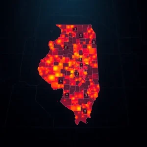 County-level heatmap showing crime map illinois with bright hotspots indicating higher incident density.