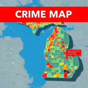Color-coded county map showing crime distribution across Michigan as a crime map michigan with hotspots in red and safer areas in green.