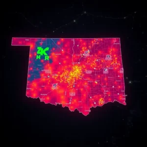Neon heatmap visualization of crime map oklahoma showing concentrated urban crime hotspots and lower-intensity rural areas.