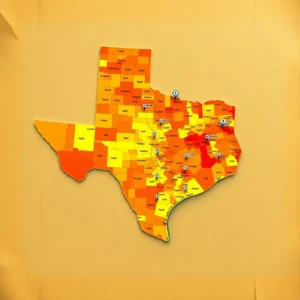 Stylized, color-coded county map showing crime map texas with pins marking hotspots and varying red, orange, and yellow intensity.