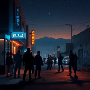 Silhouetted pedestrians and police cars under neon signs at dusk illustrating crime rate albuquerque 2025.