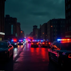 Nighttime urban street filled with multiple police vehicles and flashing lights illustrating crime rate anchorage 2025.