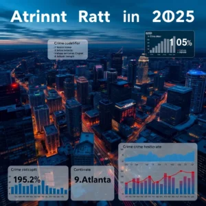 Night aerial view of Atlanta with overlay charts and data highlighting crime rate atlanta 2025.