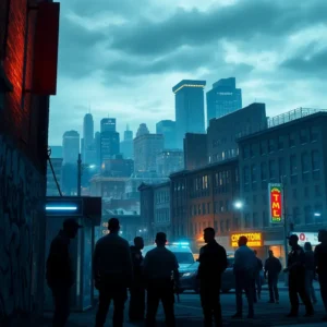 Silhouetted pedestrians and police lights on a city street beneath a skyline evoking crime rate baltimore 2025.