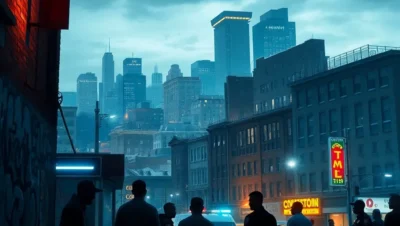 Silhouetted pedestrians and police lights on a city street beneath a skyline evoking crime rate baltimore 2025.