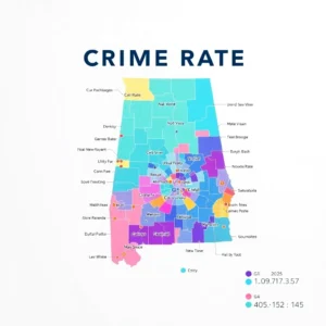 Color-coded Alabama county map showing crime rate city alabama 2025 and regional hotspots.