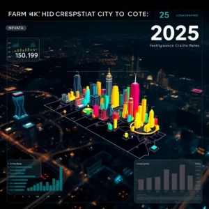 A neon 3D city model with HUD charts and colored building bars visualizing crime rate city nevada 2025.