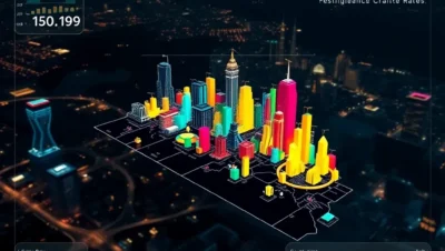 A neon 3D city model with HUD charts and colored building bars visualizing crime rate city nevada 2025.