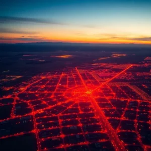 Aerial sunset view of a city with neon red grid lighting, a striking visual for crime rate city new mexico 2025.