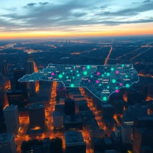 Aerial city skyline at dusk with a translucent North Carolina map overlay and colored markers indicating crime rate city north carolina 2025 distribution.
