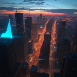 Aerial nighttime city skyline with glowing streets and a rooftop bar chart visualizing crime rate city ohio 2025.