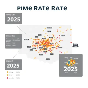 Map of Oklahoma showing a color-coded heatmap of crime rate city oklahoma 2025 with clustered red, orange, and yellow dots and a legend.