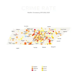 Stylized Tennessee map with colored markers showing relative crime rate city tennessee 2025 across municipalities