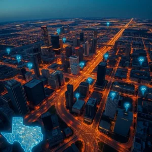 Aerial night skyline with glowing data pins indicating crime rate city texas 2025 across an urban grid.
