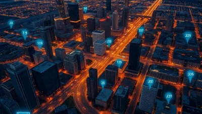 Aerial night skyline with glowing data pins indicating crime rate city texas 2025 across an urban grid.