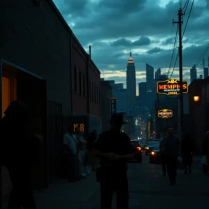 Dusk urban alley with a silhouetted officer, neon Memphis signs and a moody skyline suggesting crime rate memphis 2025 concerns.