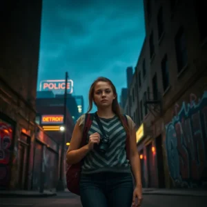 Young photographer in a neon-lit Detroit alley representing detroit dangerous tourists
