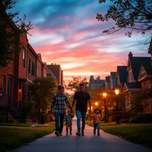 A family of four walking hand-in-hand at dusk along a tree-lined sidewalk illustrating detroit family safety