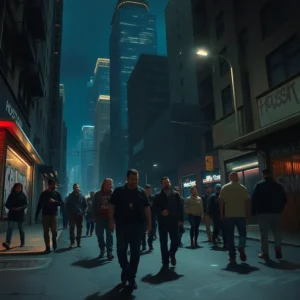 A moody nighttime urban crowd on a dimly lit street suggesting houston dangerous atmosphere