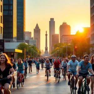 Large group of cyclists and walkers sharing a downtown street at sunset during an indianapolis safe visit