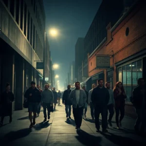 People walking along a dimly lit downtown street at night, evoking a little rock dangerous atmosphere.
