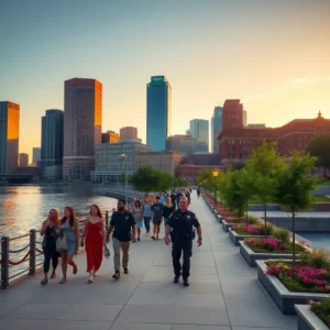 People strolling a riverfront promenade at sunset with a uniformed officer on a little rock safe visit.
