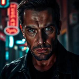 Close-up neon-lit portrait of a brooding man with a memphis dangerous urban noir look.