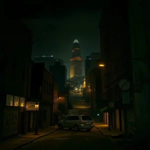 Gritty dimly lit urban street at night with a parked car and a distant illuminated tower evoking most dangerous cities alabama.