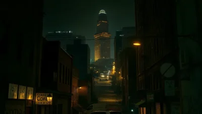 Gritty dimly lit urban street at night with a parked car and a distant illuminated tower evoking most dangerous cities alabama.
