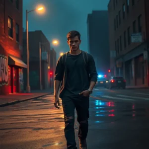 A lone pedestrian walks on a wet urban street past flashing police lights and graffiti, evoking most dangerous cities illinois.