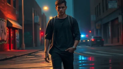 A lone pedestrian walks on a wet urban street past flashing police lights and graffiti, evoking most dangerous cities illinois.
