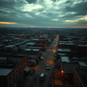 Aerial view of a gritty urban neighborhood at dusk representing most dangerous cities louisiana